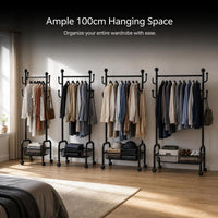 Freestanding Double Rod Garment Rack with Storage Basket
