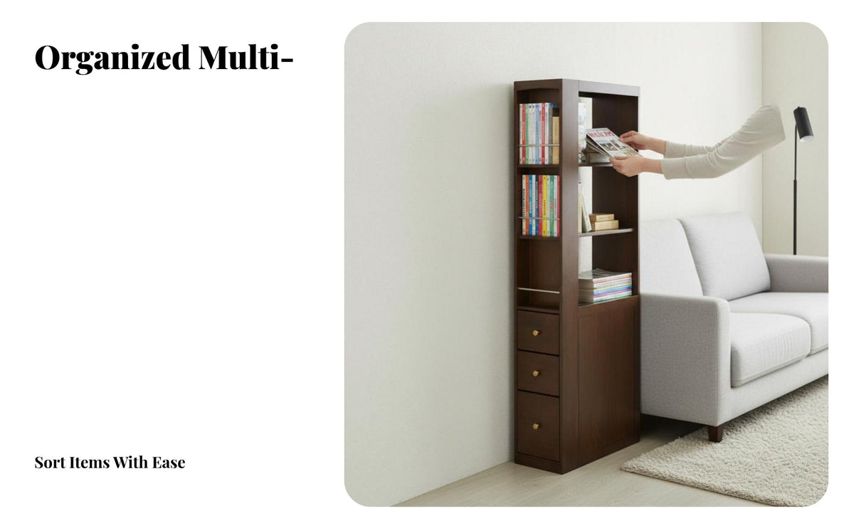 Space-Saving Slim Narrow Bookshelf Multi-Functional Slim Storage Unit Multifunctional Shelving Unit Sturdy Structure for Apartment Dwellers, Homeowners, Students, Living Room, Narrow Areas, Kitchen, Small Corners