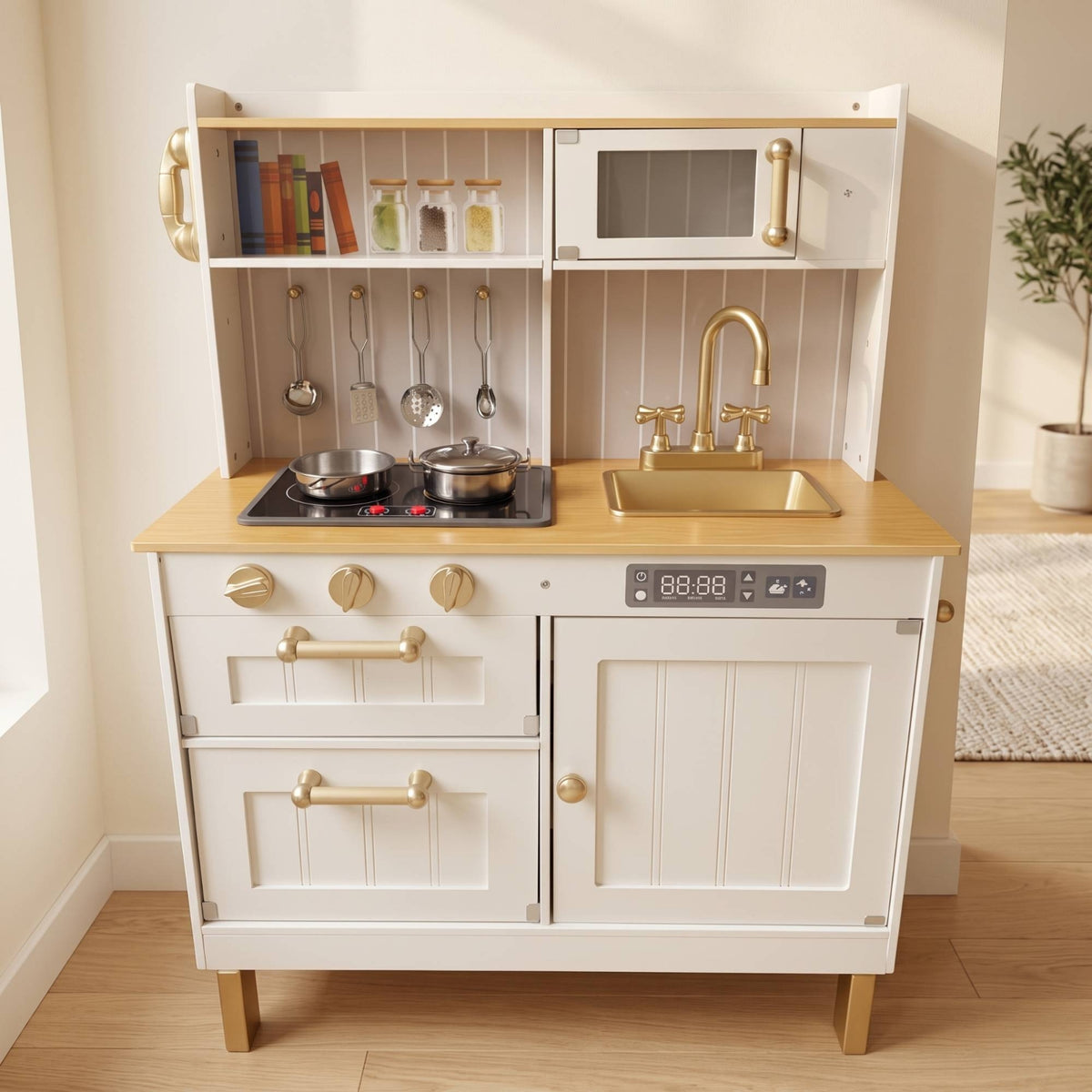 Wooden Play Kitchen Compact Pretend Play Kitchen Small for Kids, Young Children, Playroom, Nursery