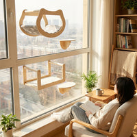 Wall Mounted Cat Bed and Window Perch, Solid Wood Hammock Bed with Steps, Versatile Cat Hammock for Indoor Cats Playing and Climbing