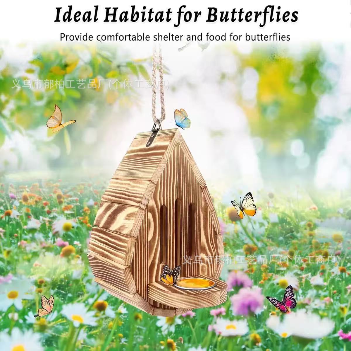 Wooden Wall-Mounted Butterfly House with Feeder for Garden and Patio