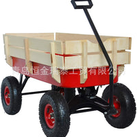 Outdoor Garden Wooden Wagon Cart Heavy Duty Yard Utility Dolly with Pull Handle