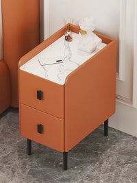 Modern Narrow Solid Wood Nightstand with Smart Rock Slab Top and Multiple Drawers