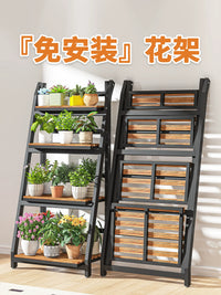 Foldable Multi-Tier Wooden Plant Stand for Balcony & Living Room, Mobile & Floor-Standing