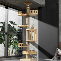 Floor-to-Ceiling Cat Tree with Scratching Post and Play Structures, Solid Wood, Adjustable Height
