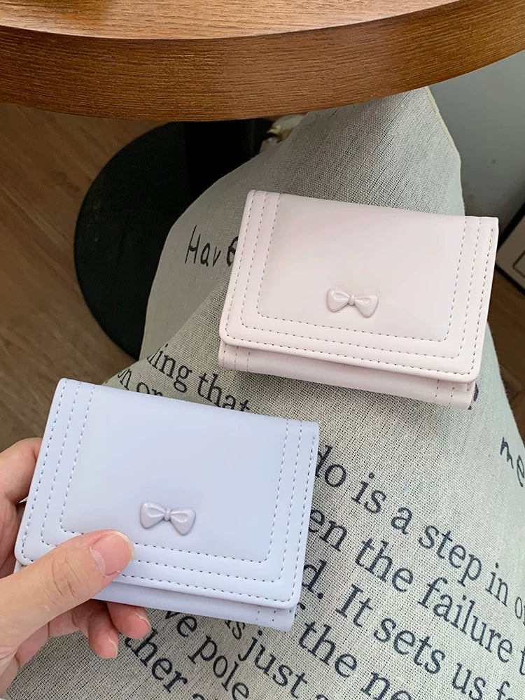 Korean Style Bowknot Short Wallet for Women, Cute Foldable Buckle Coin Purse with Card Holder