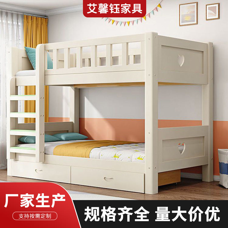 Kids Solid Wood Bunk Bed with Guardrail, Detachable High-Low Twin Bed for Dormitory