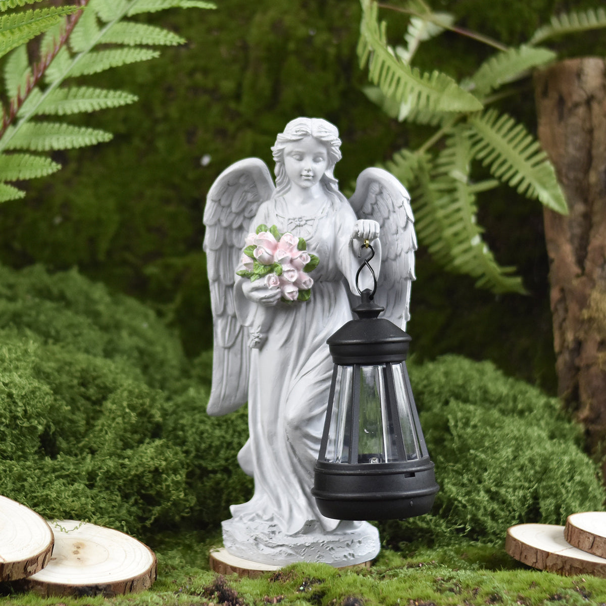 Solar Angel Girl Garden Statue with Lantern - Outdoor Resin Yard Decor Night Light