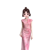New Chinese Style Pink Cheongsam Dress for Women, Summer Slim Fit Qipao with Disc Buckle