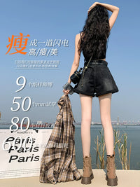 Women's High-Waist Black Denim Shorts with Rolled Hem and A-Line Design