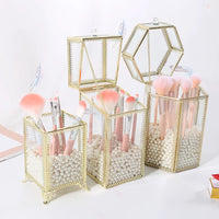 Vintage Glass Makeup Brush Holder with Lid - Dustproof Metal Organizer for Eyebrow Pencils and Brushes