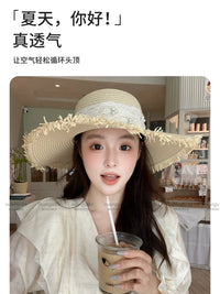 French Style Wide Brim Straw Sun Hat with Lace Tie for Beach Vacation