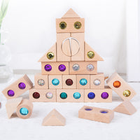 Large Particle Translucent Acrylic Rainbow Gem Building Blocks with Beech Wood Base for Toddlers