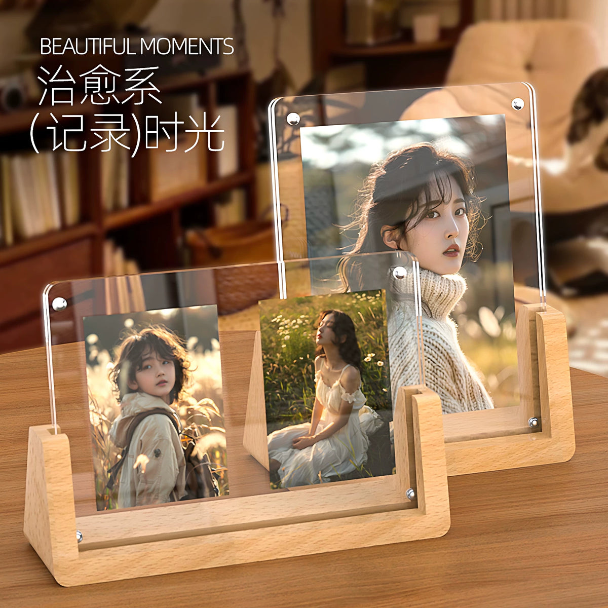 Solid Wood Photo Frame with Acrylic Display for Desktop Pictures and Postcards