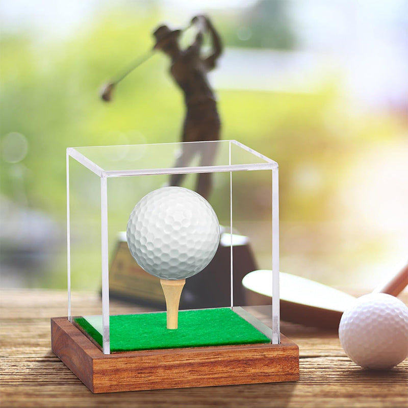 Golf Ball Acrylic Display Case with Wooden Base Dustproof Storage Cover