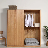 Solid Oak Wood Wardrobe with Sliding Doors, Nordic Style Home Storage Cabinet for Bedroom