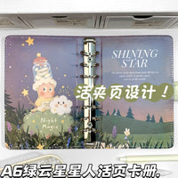 A6 Green Cloud Star Leather Binder Notebook for Students, Cartoon Design Loose-Leaf Collection Album