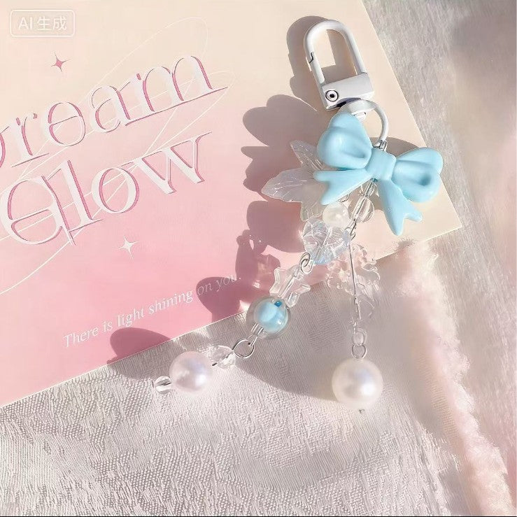 Maple Leaf Pearl Blue Bow Keychain for Bags and Phones