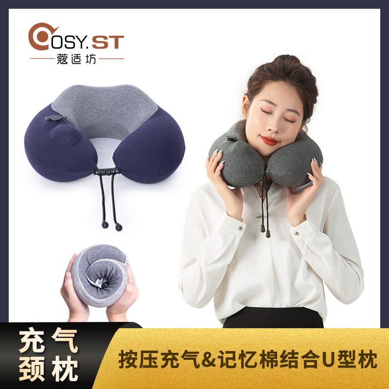 Inflatable Travel U-Shaped Neck Pillow with Adjustable Hardness and Memory Foam