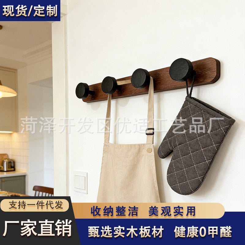 Chinese Style Walnut Wood Wall Mounted Coat Rack with Hooks, No-Drill Installation, 5-10kg Load Bearing for Entryway & Wardrobe