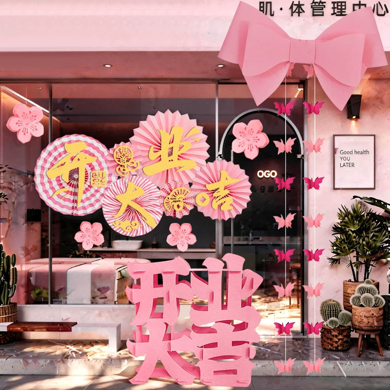 Grand Opening Pink Theme Window Display Decoration Set with Bows