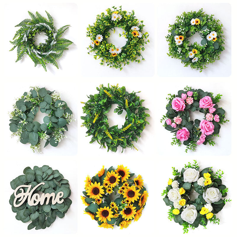 Spring Artificial Greenery Rose Sunflower Wreath European American Home Wall Decor Pastoral Fake Flower Silk Flower Hanging Ornament
