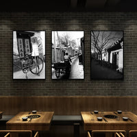 Old Beijing Hutong Street Scene Decorative Painting Shanghai 70s 80s Photo Retro Nostalgic Restaurant Hanging Black and White Mural