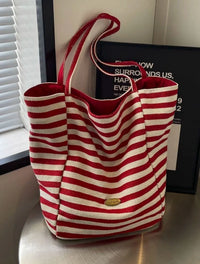 Large Capacity Striped Canvas Tote Bag for Commuting and Shopping