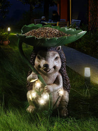 Outdoor Garden Squirrel Bird Feeder Statue with Solar Light, Resin Animal Sculpture for Patio and Yard Decor
