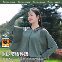 Women's Loose Fit UV Protection Sun Hoodie Jacket with Zipper and Wide Brim