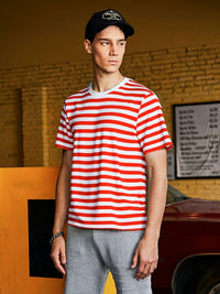 Unisex Color Block Stripe Sailor T-Shirt Pure Cotton Short Sleeve Round Neck Loose Top