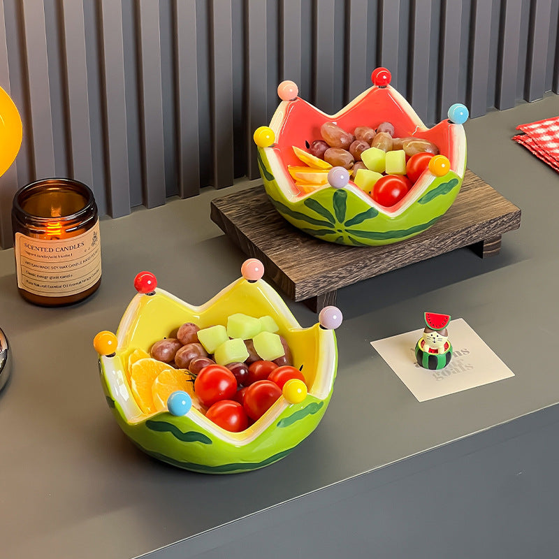 Dopamine Watermelon Ceramic Fruit Plate with Stainless Steel Forks for Living Room Coffee Table Snacks