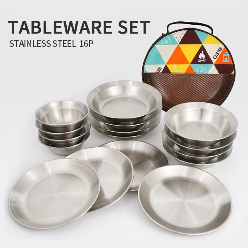 Outdoor Stainless Steel Dinnerware Set for Camping, Picnics, and BBQ - Portable 16-Piece Kit