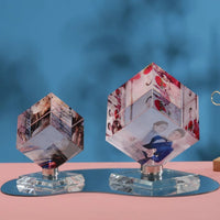 Personalized Rotating Crystal Photo Cube with LED Base, Custom 3-Photo Display for Desktop Decor