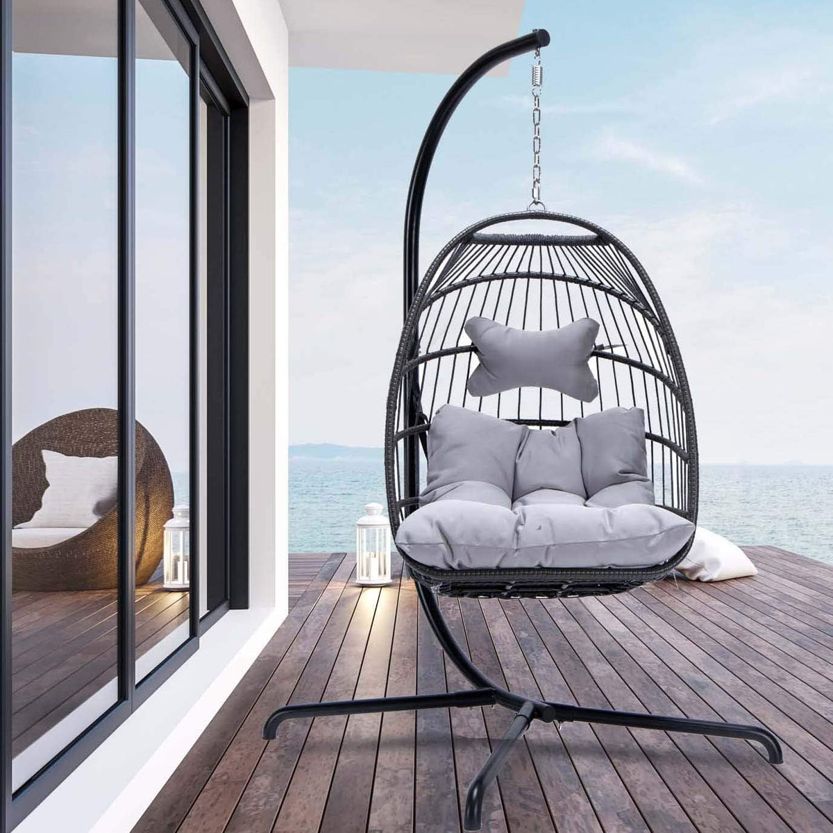 Outdoor Patio Swing Chair Wicker Hanging Basket Seat Foldable for Balcony Garden
