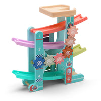 Kids Wooden Multi-Layer Track Glider Car Toy Inertial Racing Slide with Mini Cars