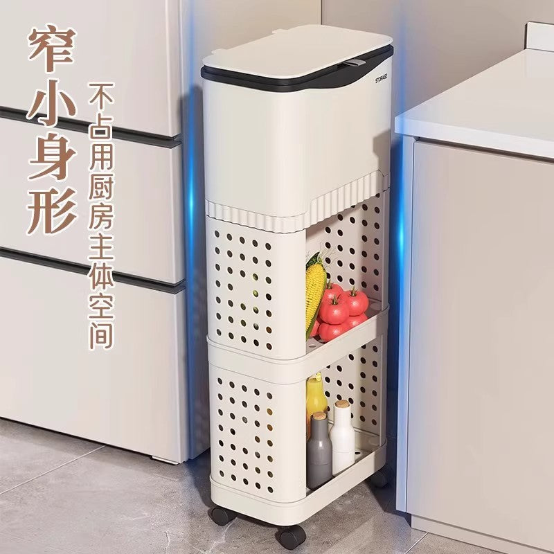 Tall Kitchen Trash Can with Lid and Storage Shelf, Large Capacity, Movable