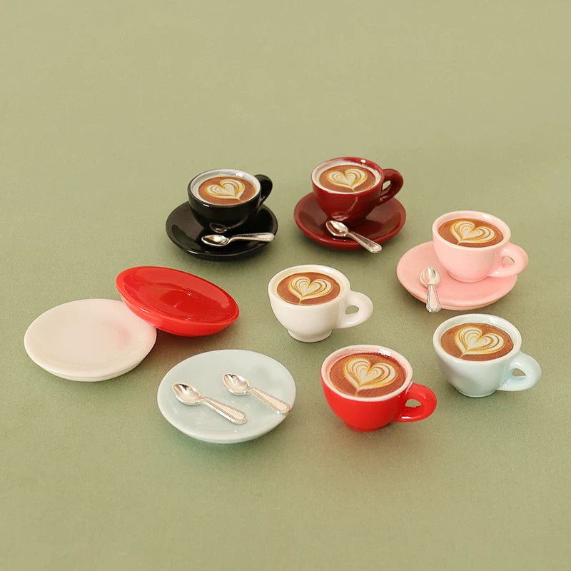 Dollhouse Miniature Coffee Cup Set with Spoon and Plate for DIY Decor