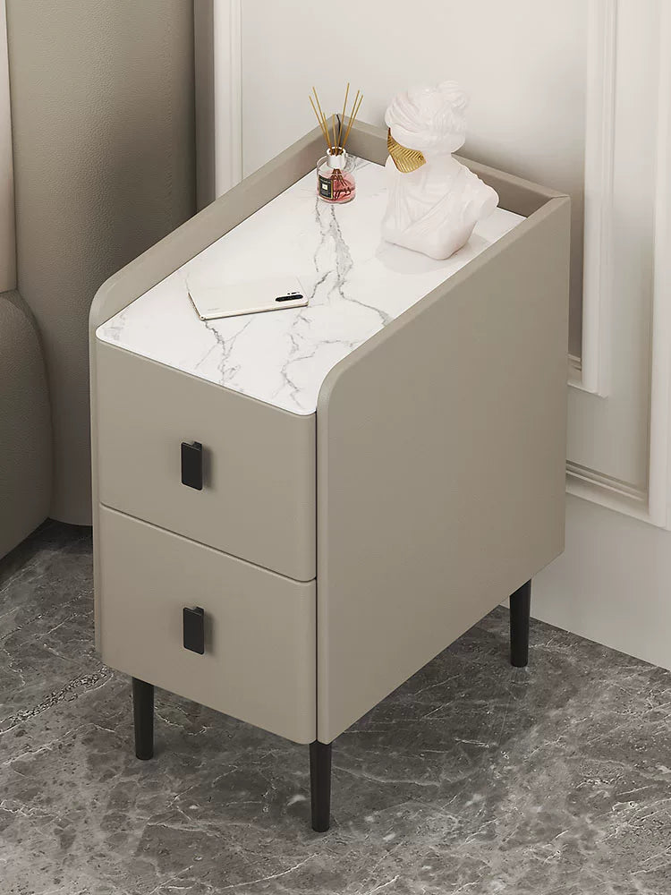 Modern Narrow Solid Wood Nightstand with Smart Rock Slab Top and Multiple Drawers