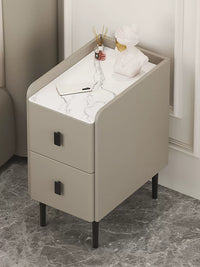 Modern Narrow Solid Wood Nightstand with Smart Rock Slab Top and Multiple Drawers