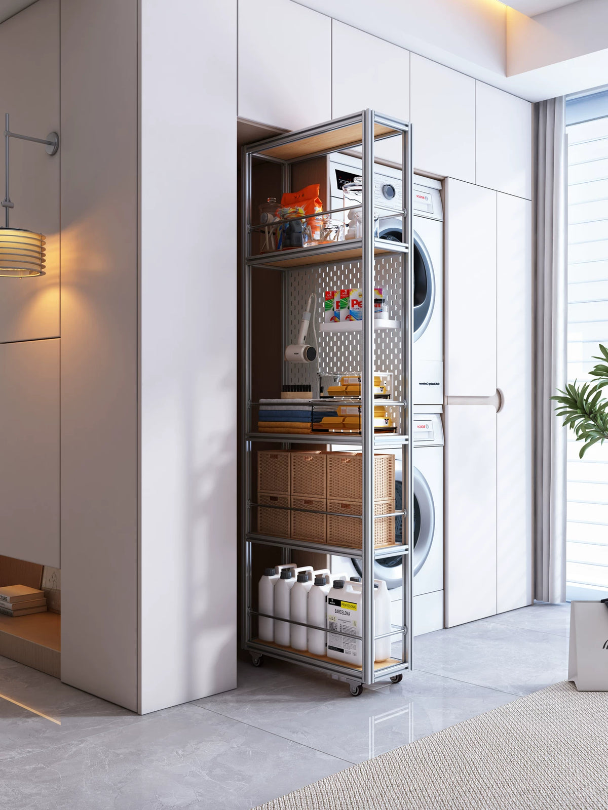 Slim Balcony Storage Cabinet with Drawers and Pegboard, Narrow Gap Organizer with Wheels