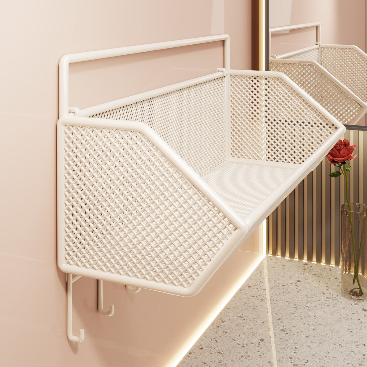 Wall-Mounted Bathroom Shelf with Hooks, No-Drill Shower Caddy for Toiletries and Storage