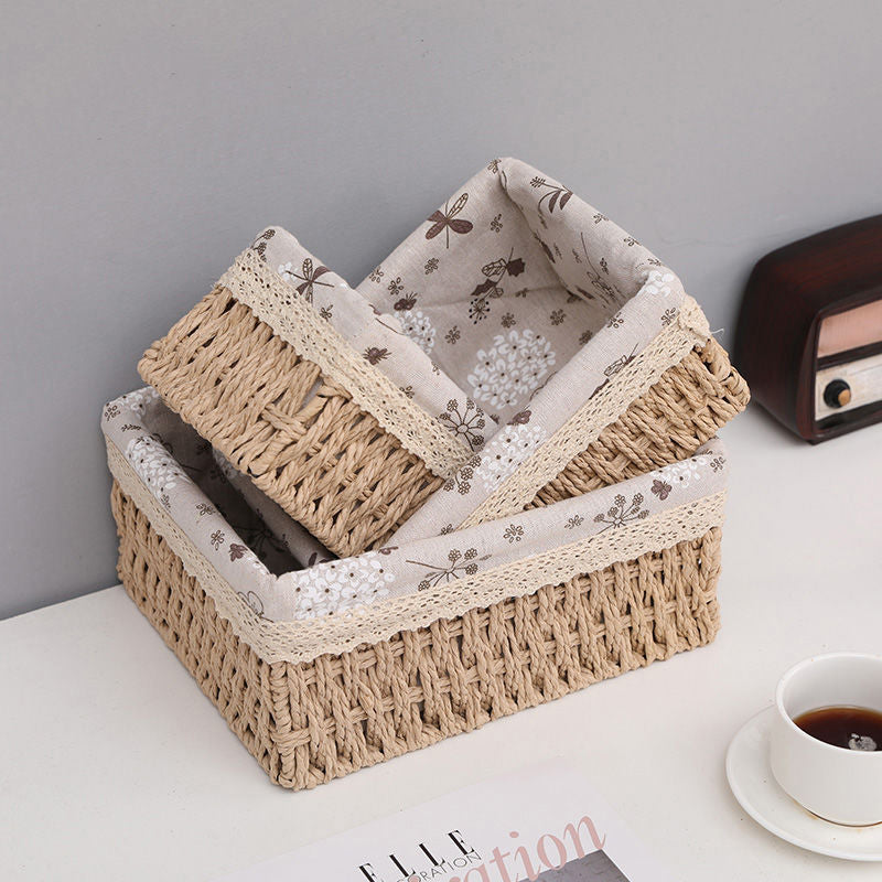 Woven Rattan Desktop Storage Basket with Fabric Lining for Snacks, Cosmetics, Toys, and Sundries