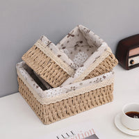 Woven Rattan Desktop Storage Basket with Fabric Lining for Snacks, Cosmetics, Toys, and Sundries