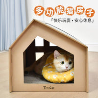 Corrugated Cardboard Cat House with Scratching Board - Durable Cat Scratcher Villa Hideaway