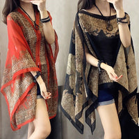 Women's Summer Sun Protection Chiffon Shawl Blouse with Ethnic Print
