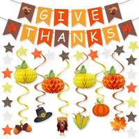 Thanksgiving Harvest Party Decor Set with Maple Leaf Banner, Pumpkin Honeycomb, and Swirls