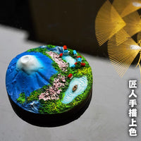 Mount Fuji Ceramic Diffuser Stone & Miniature Ornament Set, Hand-Painted Japanese Micro-Landscape Decor with Cherry Blossom