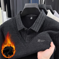 Men's Faux Two-Piece Shirt Collar Sweater with Fleece Lining, Thickened Warm Knitted Base Layer