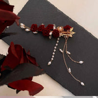 Red Rose Hairpin Tassel Side Clip for Cheongsam Hanfu Daily Wear